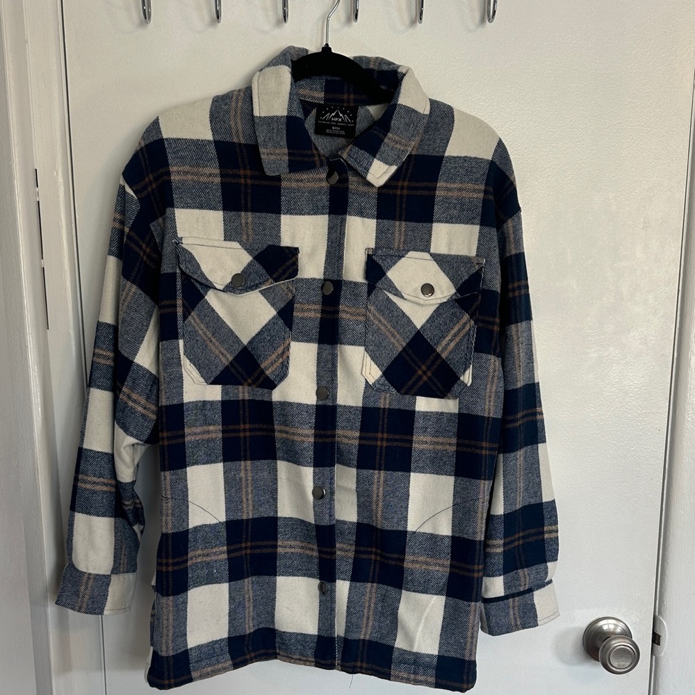 HFX Navy and Cream Plaid Button-Up Shirt/Jacket